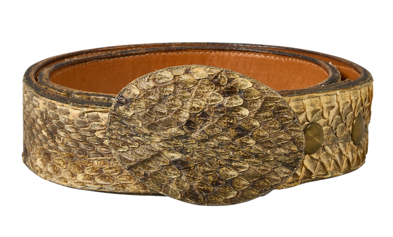 Leather Rattlesnake Belt: Leather rattlesnake belt with rattlesnake belt buckle Length of belt: 38 in. length 2.5 in. x width 3.5 in. / belt buckle Condition AB; very good condition, regular wear signs Provenance: