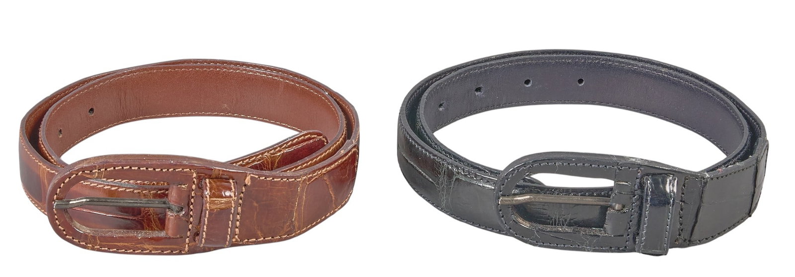 (2) Saks Fifth Ave. Alligator Leather Belts, Size Medium: Two Saks Fifth Ave. alligator leather belts, size medium length 36 in. / largest Provenance: Property from the collection of an industrial chemicals entrepreneur, from his Alamo Heights, Texas