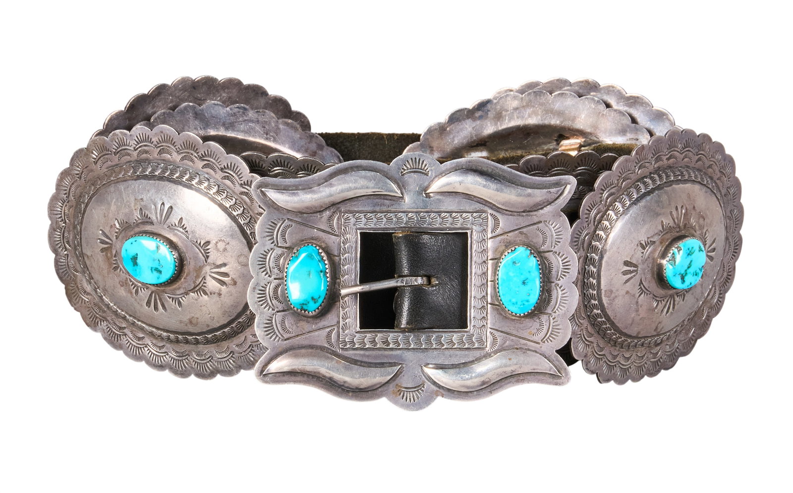 Navajo Sterling Silver & Turquoise Concho Belt: Navajo sterling silver concho belt featuring eight conchos and buckle on black leather belt, each set with turquoise stones and hand-stamped details, buckle marked "D Sterling" Length: 42