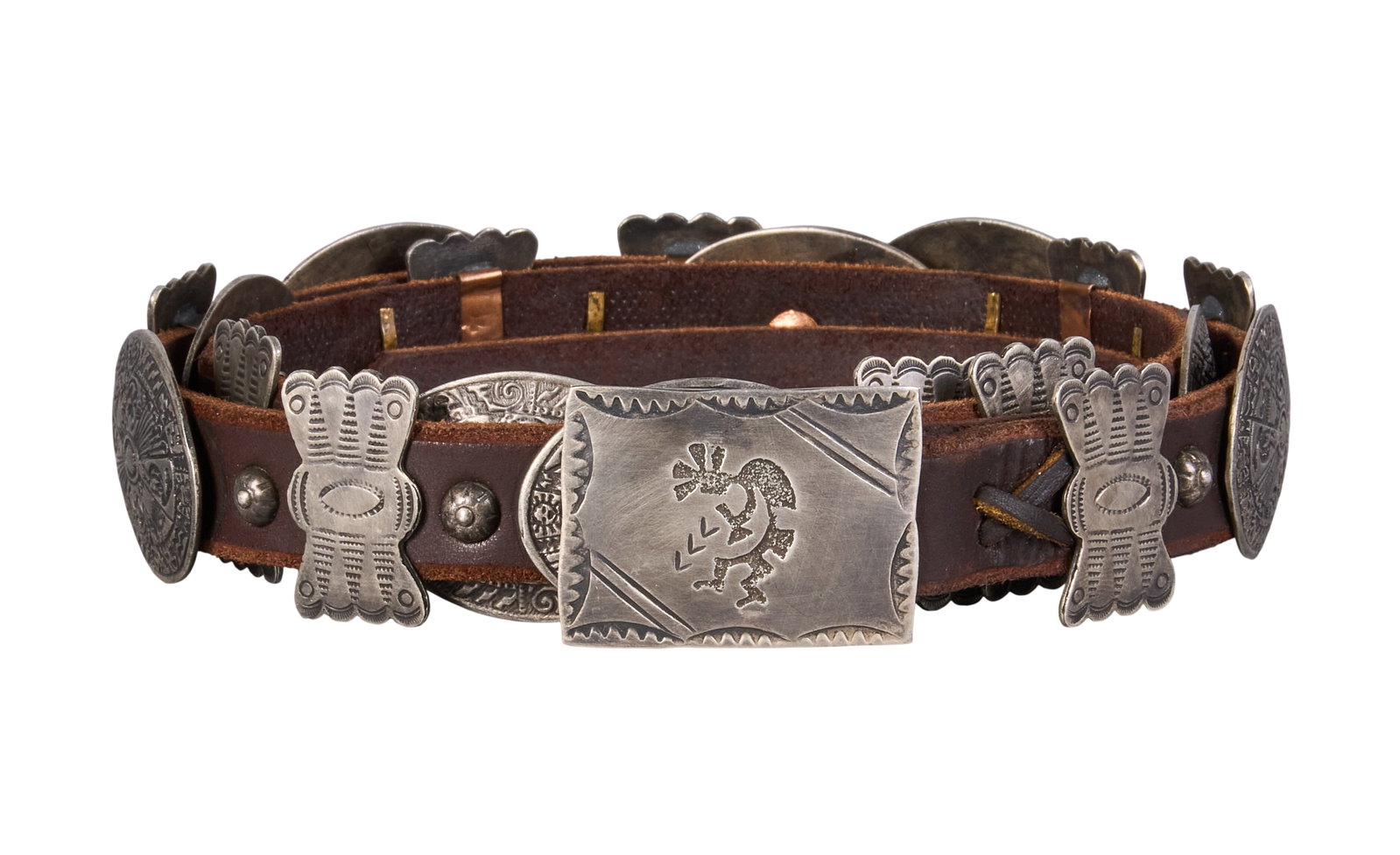 Sterling Silver Concho Belt: Sterling silver concho belt featuring nineteen conchos and buckle on brown leather belt, signed on buckle Length: 43.25 in. Total weight: 316.9 g Provenance: Property from a home in San Antonio, Texas