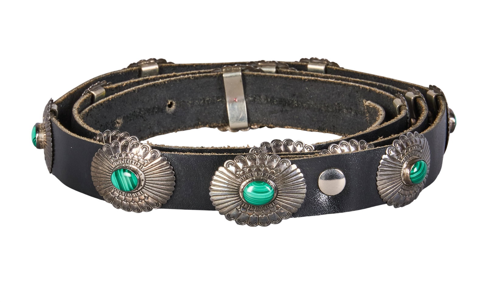 Sterling & Malachite Concho Belt: Sterling silver concho belt featuring fourteen conchos and buckle on black leather belt, conchos set with malachite cabochons, marked "Sterling" Length: 46 in. Total weight: 99.5 g