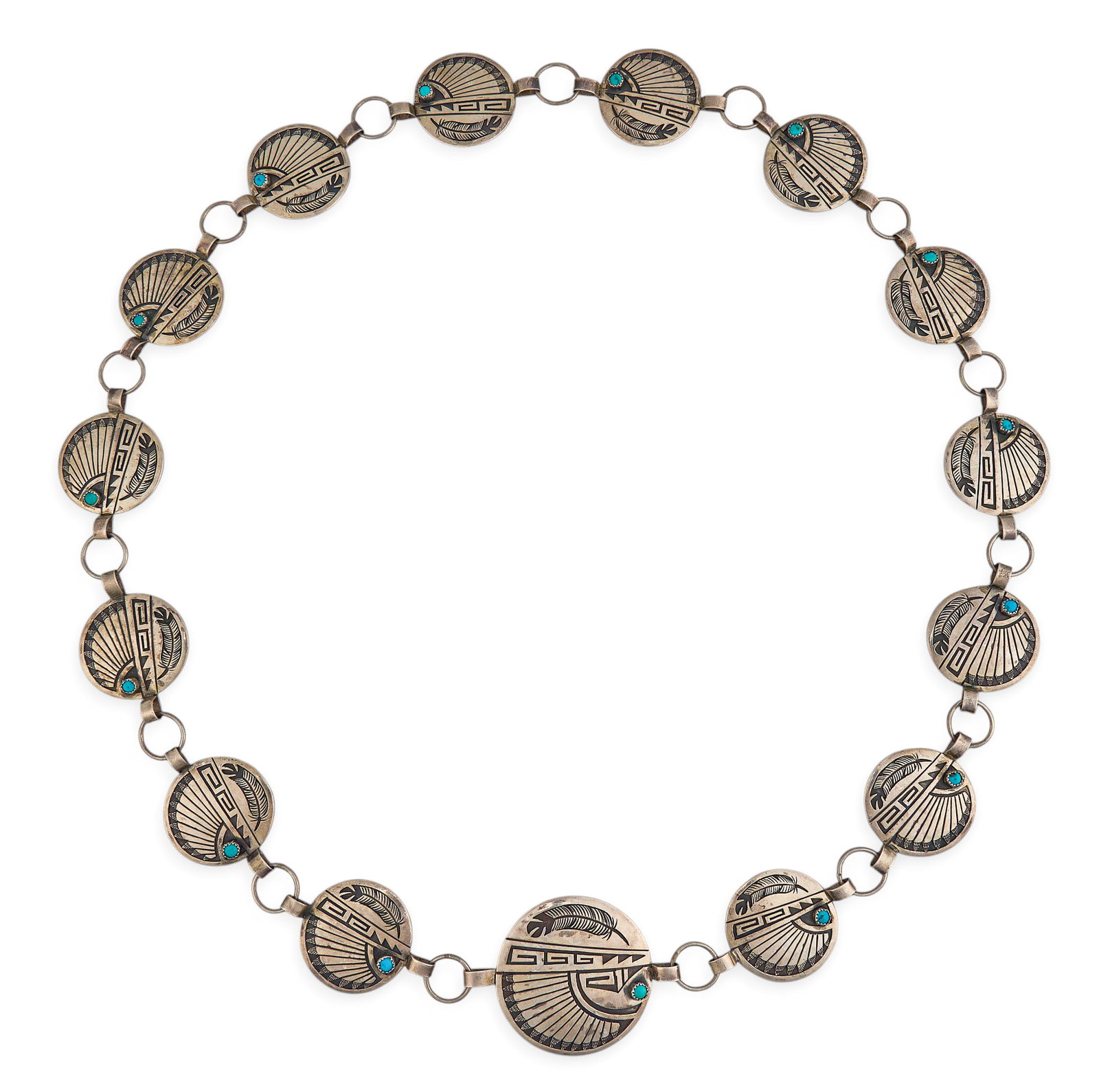 Hopi Sterling & Turquoise Concho Belt: Hopi sterling silver concho belt set with turquoise cabochons and traditional Hopi motifs, marked "Sterling", with pictorial hallmark Length: 40 in. Total weight: 182.6 g Provenance: