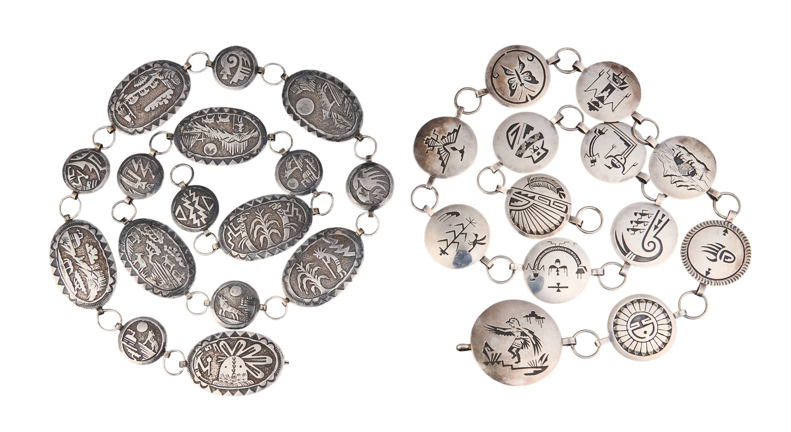 (2) Sterling Silver Concho Belts: Two sterling silver concho belts featuring traditional Southwestern pictorial designs, both marked Length: 38.5 in. / longest Total weight: 308.8 g Provenance: Property from a home in San Antonio,