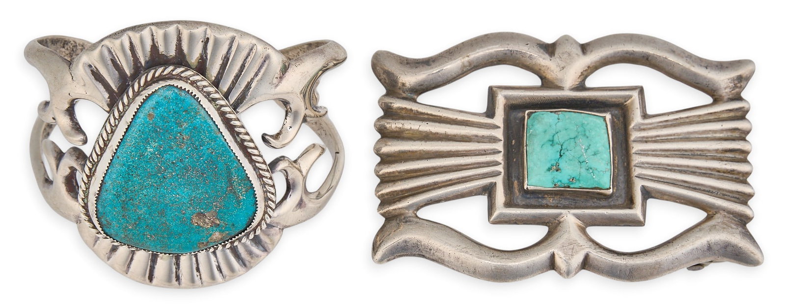 Sterling & Turquoise Cuff and Buckle: Tufa cast sterling silver cuff bracelet and buckle, each set with a single turquoise stone and ribbed design Circumference: 6.25 in. Size: 3.25 in. x 2.25 in. / buckle Total weight:
