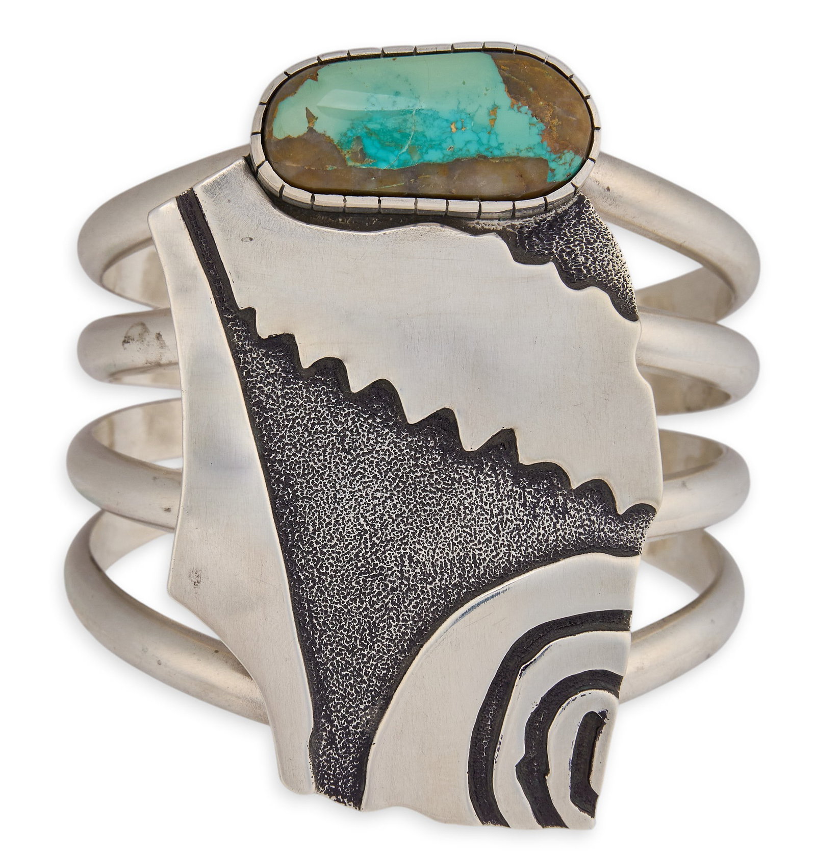Substantial Sterling & Turquoise Modernist Cuff: Mark D. Stevens (Laguna Pueblo) substantial sterling silver cuff bracelet set with single turquoise cabochon and silver overlay in modernist design, marked "Ha-Ta-Weh .925"