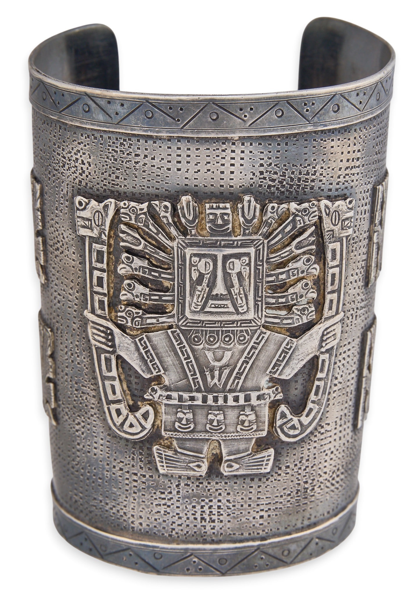 Substantial Sterling Silver Figural Cuff: Substantial sterling silver cuff bracelet marked, with dimensional figural motifs throughout, and stamped details to edges, marked "925" Circumference: 7 in. Total weight: 134.4 g Provenance