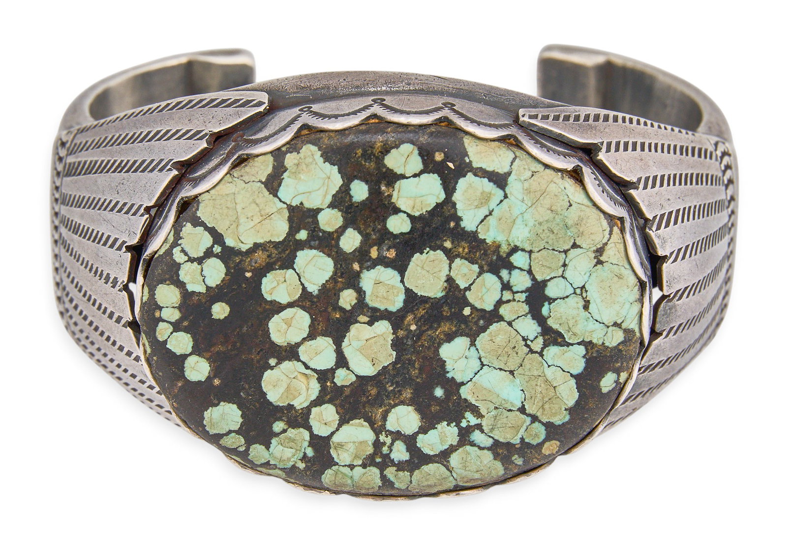 Sterling & Hardstone Cuff: Sterling silver cuff bracelet centering large hardstone, accented by hand-stamped details throughout, marked "Sterling" and "gt" Circumference: 6 in. Total weight: 108.4 g