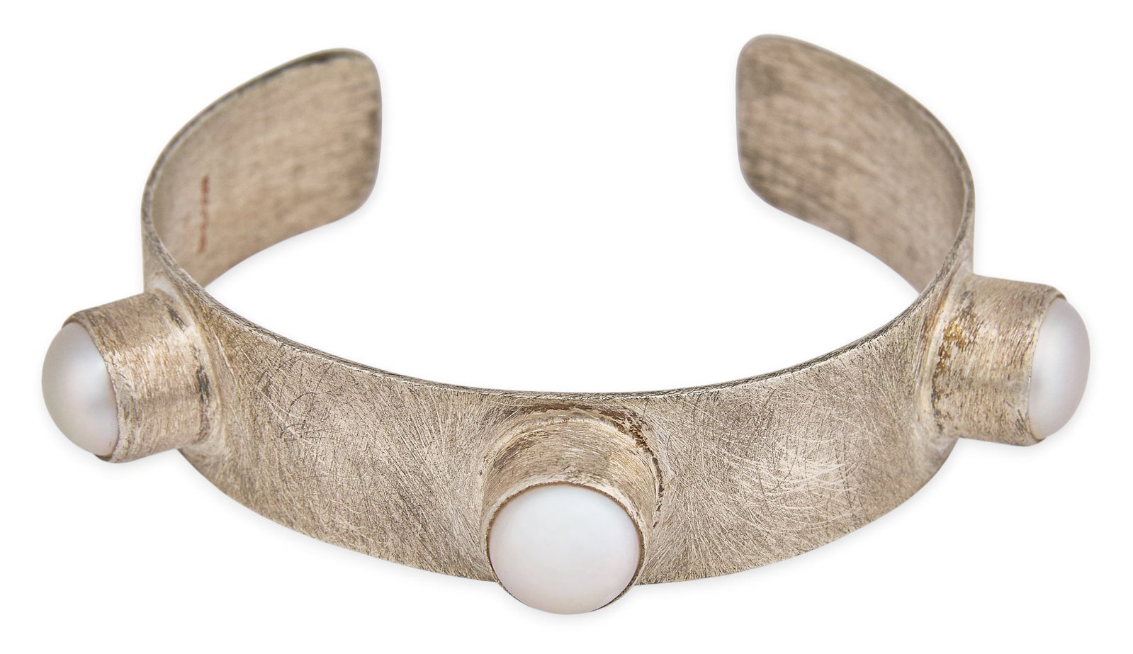 Brushed Sterling Silver Pearl Cuff: Brushed sterling silver cuff bracelet featuring three bezel-set pearl details, marked "925 Balaam" Circumference: 7 in. Total weight: 29.2 g Provenance: Property from a home in San