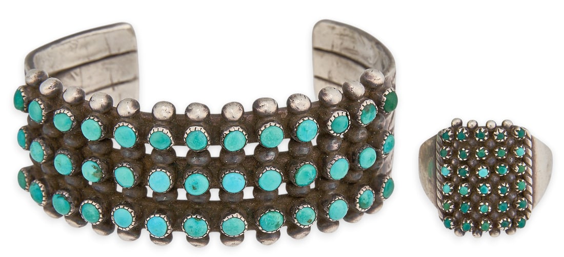 Zuni Sterling & Turquoise Petit Point Set: Zuni sterling silver cuff bracelet and ring, set with turquoise cabochons in petit point design Ring size: 8 Circumference: 6 in. Total weight: 53.1 g Provenance: Property from a home in