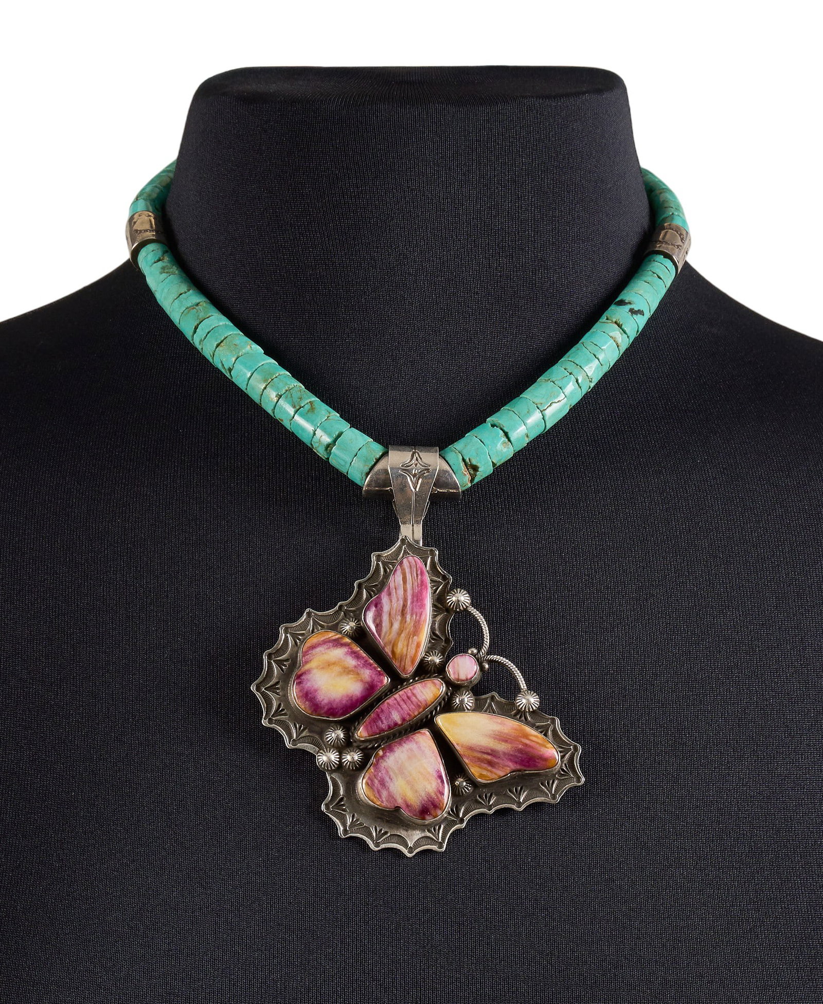 Andy Cadman, Navajo Sterling & Multi-Stone Butterfly Necklace: Andy Cadman, Navajo pendant necklace set with beaded turquoise and sterling silver pendant, set with spiny oyster cabochons in a butterfly motif, stamped details and twisted wire motif, signed &q