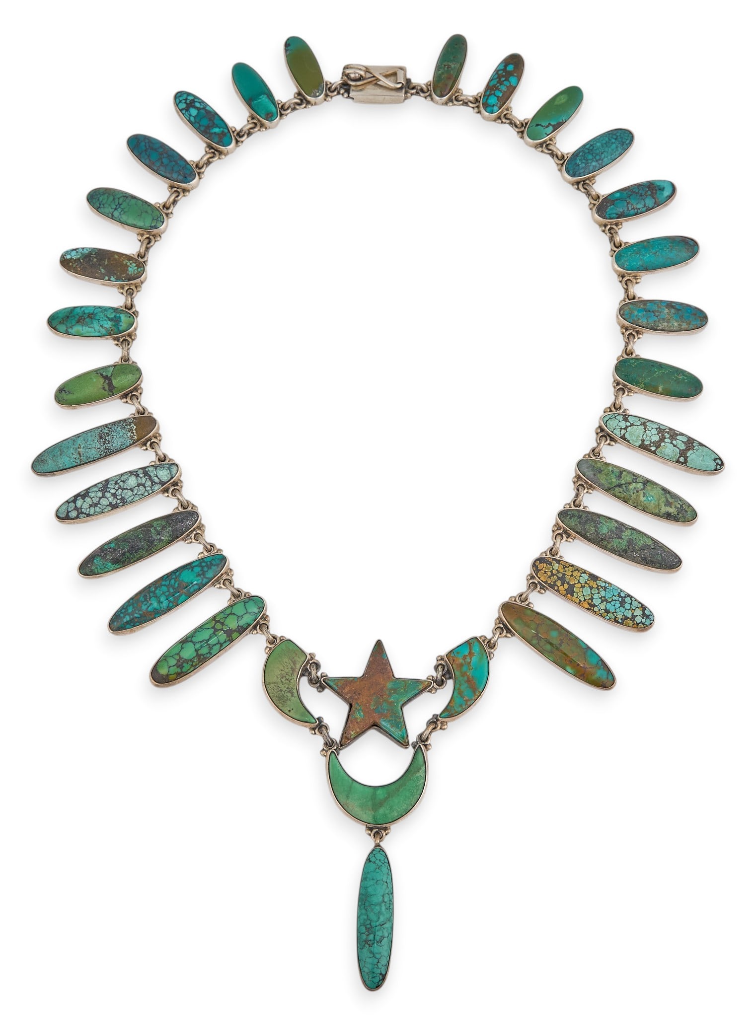 Francis James, Navajo Serling & Turquoise Necklace: Francis James, Navajo necklace set with turquoise cabochons in bezel settings, with central star motif, sterling silver clasp, marked "JF Sterling" to clasp Length: 17.5 in. Total weigh