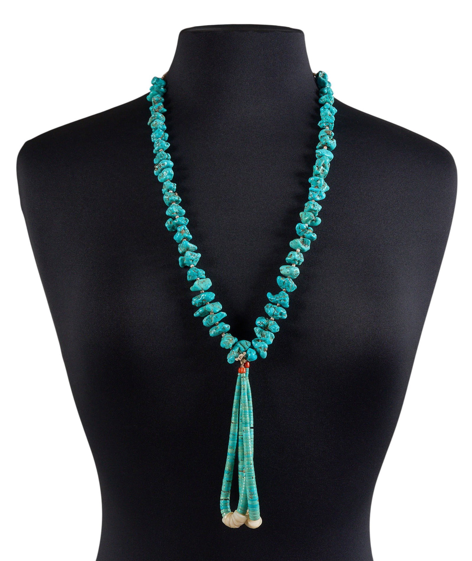 Turquoise Beaded Necklace with Jaclas: Beaded turquoise necklace with pair of jaclas, featuring beaded turquoise, heishi, and coral Length: 30 in. / 5 in. jaclas Total weight: 130.7 g Provenance: Property from a home in San Antonio, Texas