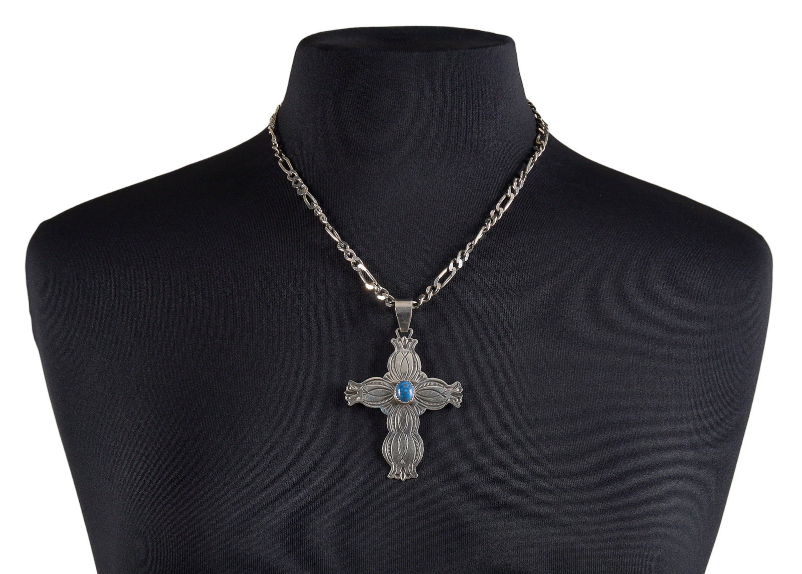 Arnold Blackgoat, Navajo Sterling & Sodalite Cross Necklace: Arnold Blackgoat, Navajo sterling silver cross pendant necklace, pendant set with sodalite cabochon, on a silver-tone chain, signed "A. Blackgoat" and stamped "Sterling" 