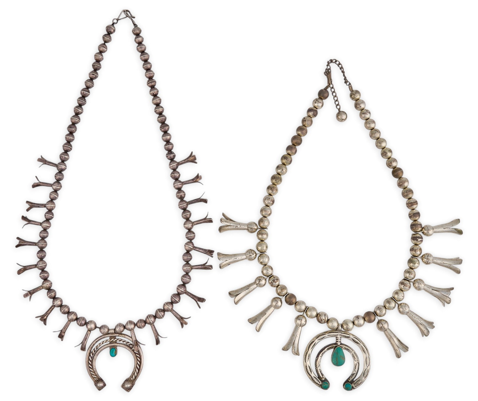 (2) Petite Sterling Silver Squash Blossoms: Two sterling silver squash blossom necklaces, each set with turquoise cabochons to naja, with hook and eye closure, one marked "Bell Sterling" Length: 25 in. / longest Total weight: 177
