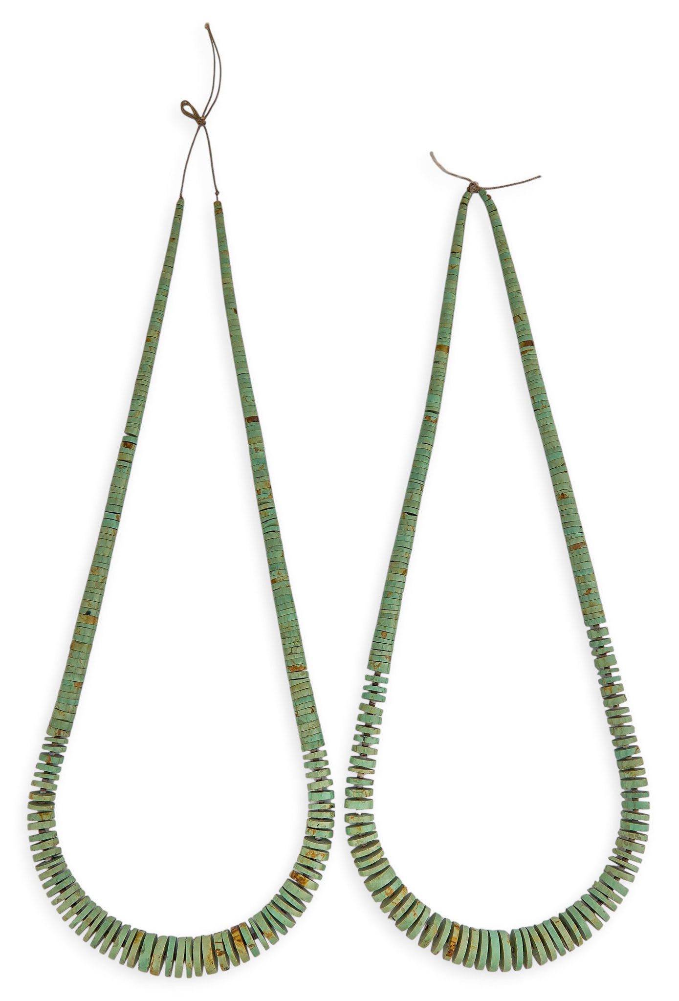 (2) Kewa Flat-Beaded Turquoise Necklaces: Two Kewa necklaces composed of flat turquoise and shell beads Length: 30 in. / longest Total weight: 129.6 g Provenance: Property from a home in San Antonio, Texas