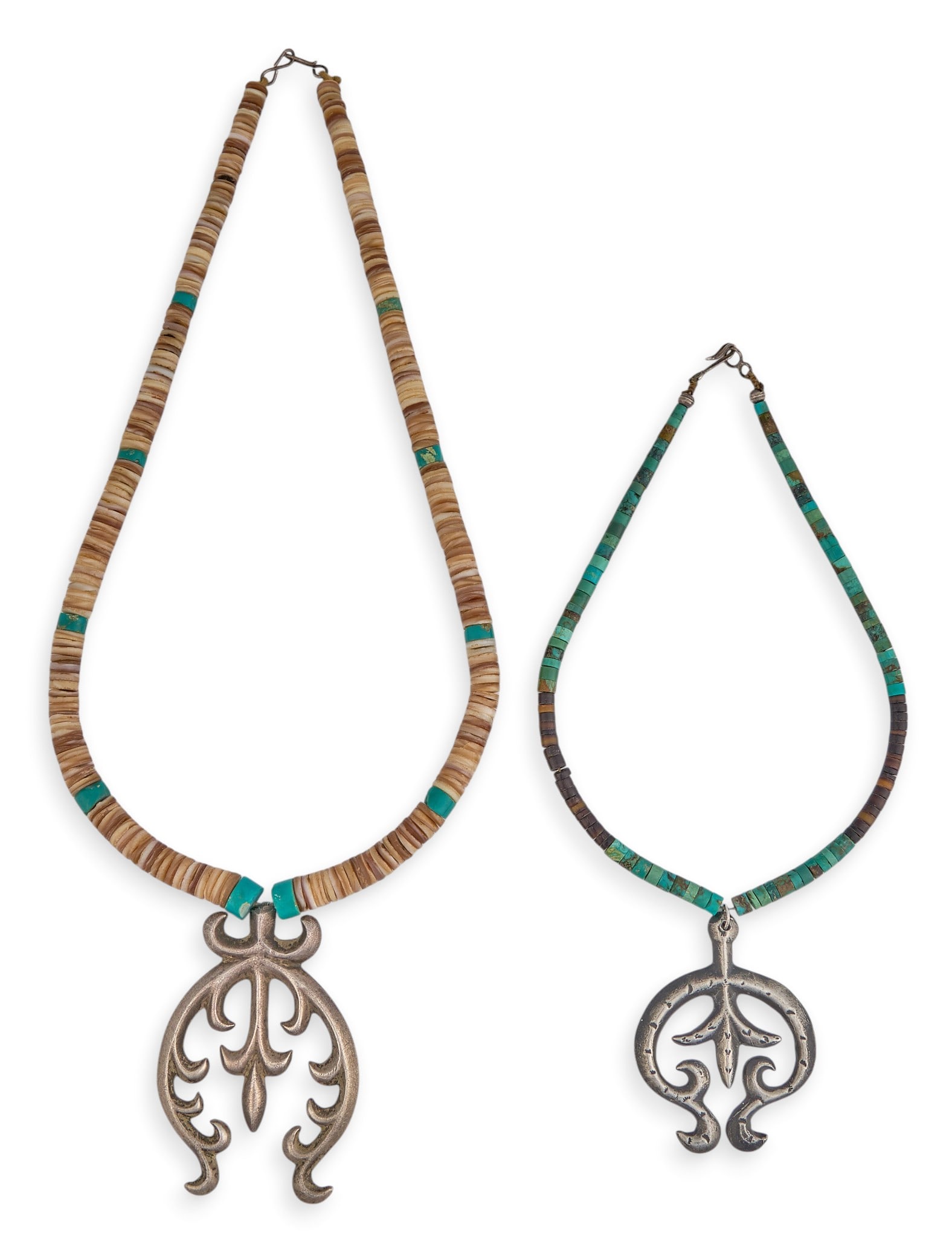 (2) Beaded Naja Pendant Necklaces: Two necklaces with sterling silver naja pendants, on strands of beaded turquoise and heishi, with hook and eye closure, one pendant signed Length: 24 in. / longest Total weight: 170.5 g Provenanc