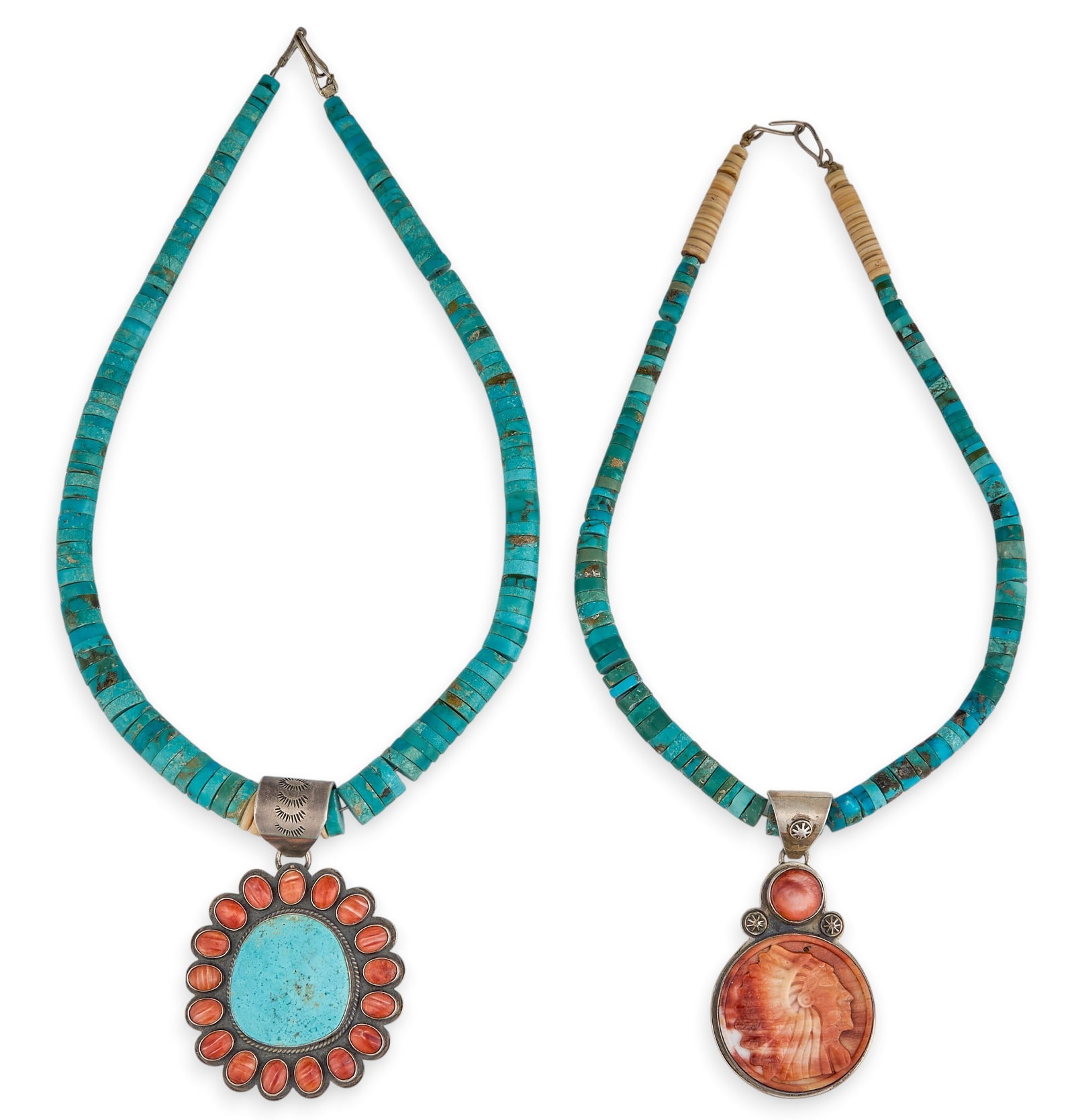 (2) Beaded Turquoise & Spiny Oyster Pendant Necklaces: Two Southwestern pendant necklaces, with beaded turquoise and heishi strands, one pendant set with turquoise and spiny oyster cabochons, the other set with carved spiny oyster in coin motif, on sterli