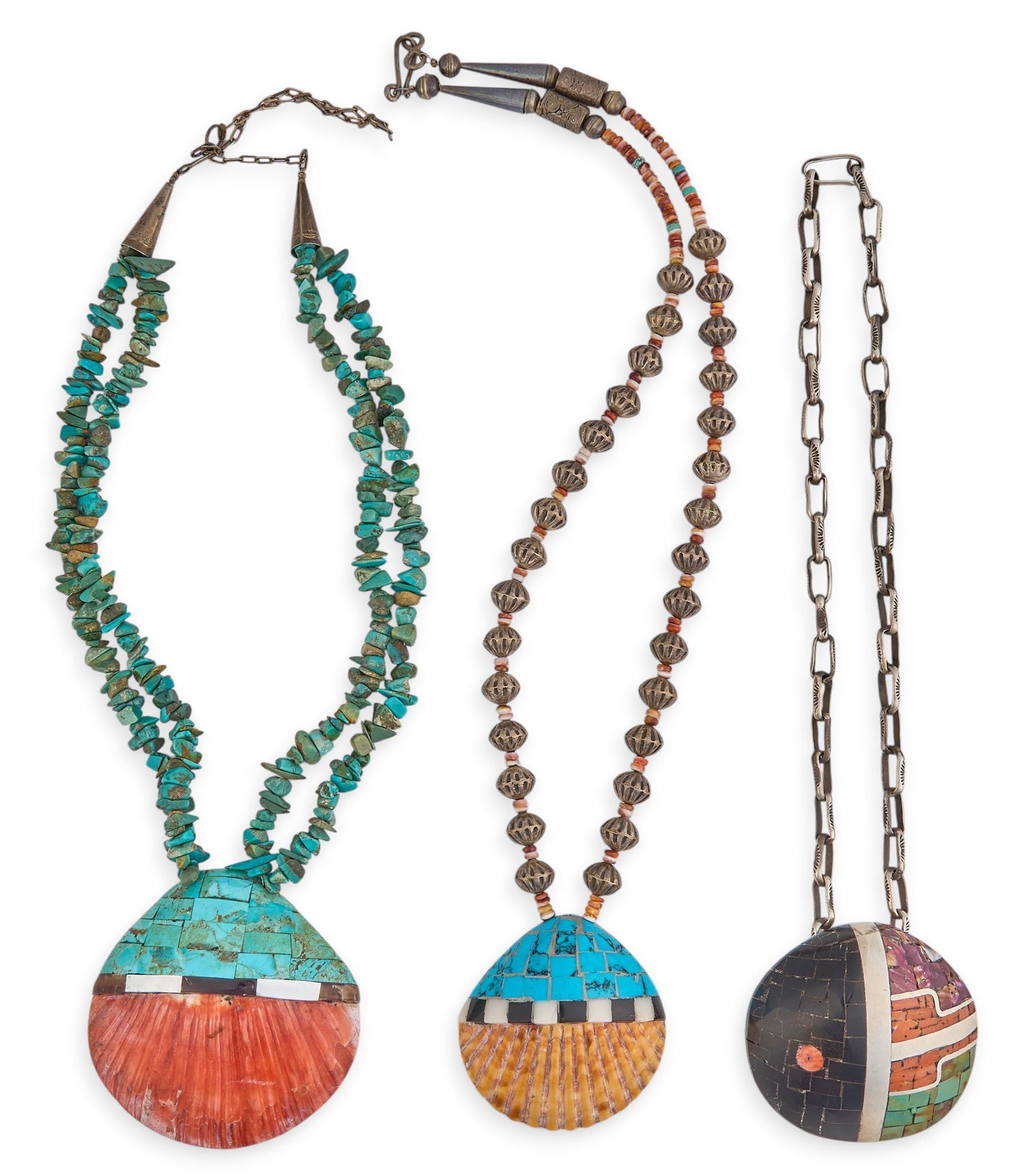 (3) Kewa Multi-Stone Shell Necklaces: Three Kewa beaded necklaces featuring shell pendants, each set with multi-stone inlay and overlay, all with hook and eye closure Length: 26 in. / longest Total weight: 251.0 g Provenance: Proper