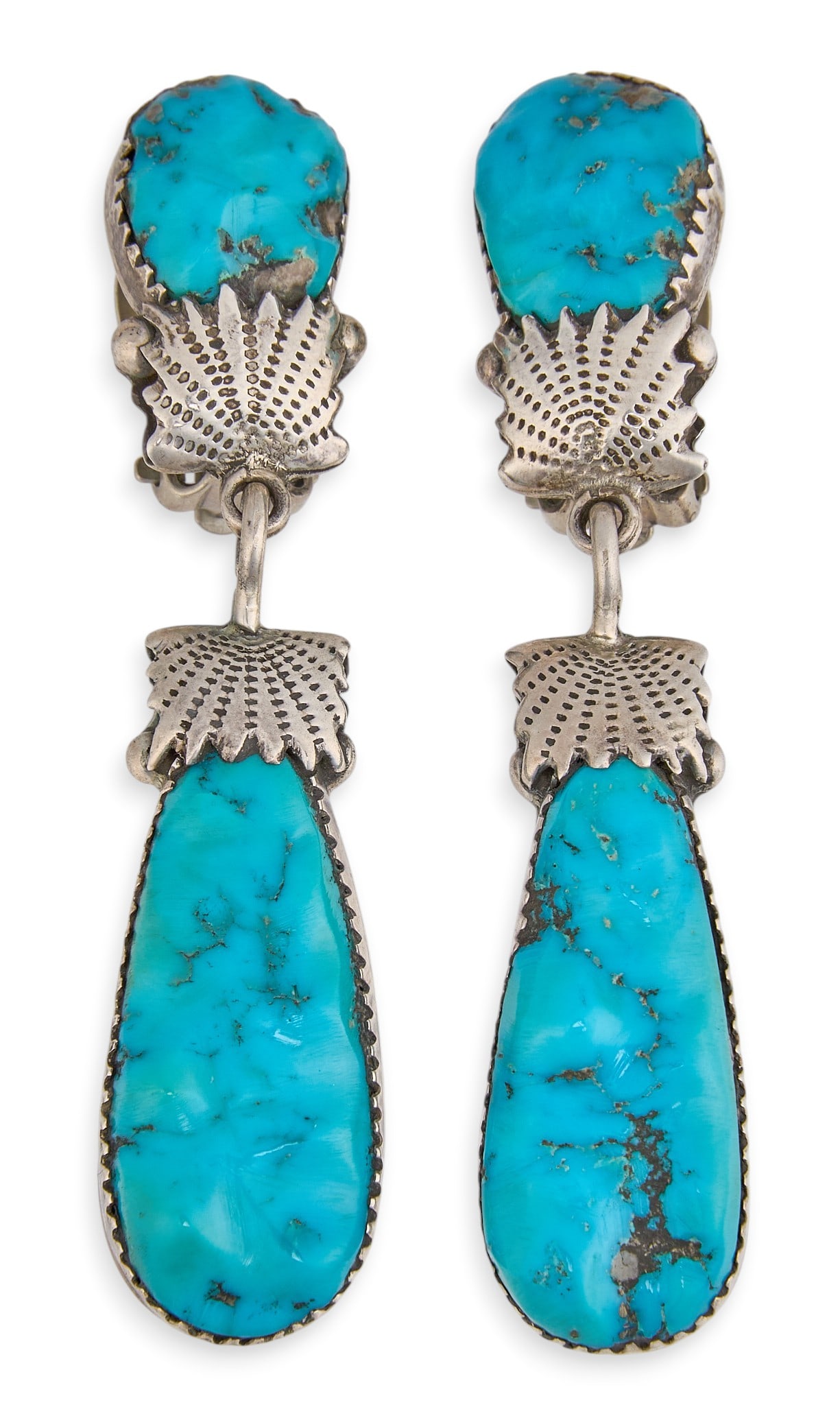 Robert & Bernice Leekya, Sterling & Turquoise Dangle Earrings: Pair of Robert and Bernice Leekya Zuni sterling silver dangle clip-on earrings, each set with two turquoise cabochons, marked "RLB STERLING" Length: 2.5 in. Total weight: 20.6 g Provena