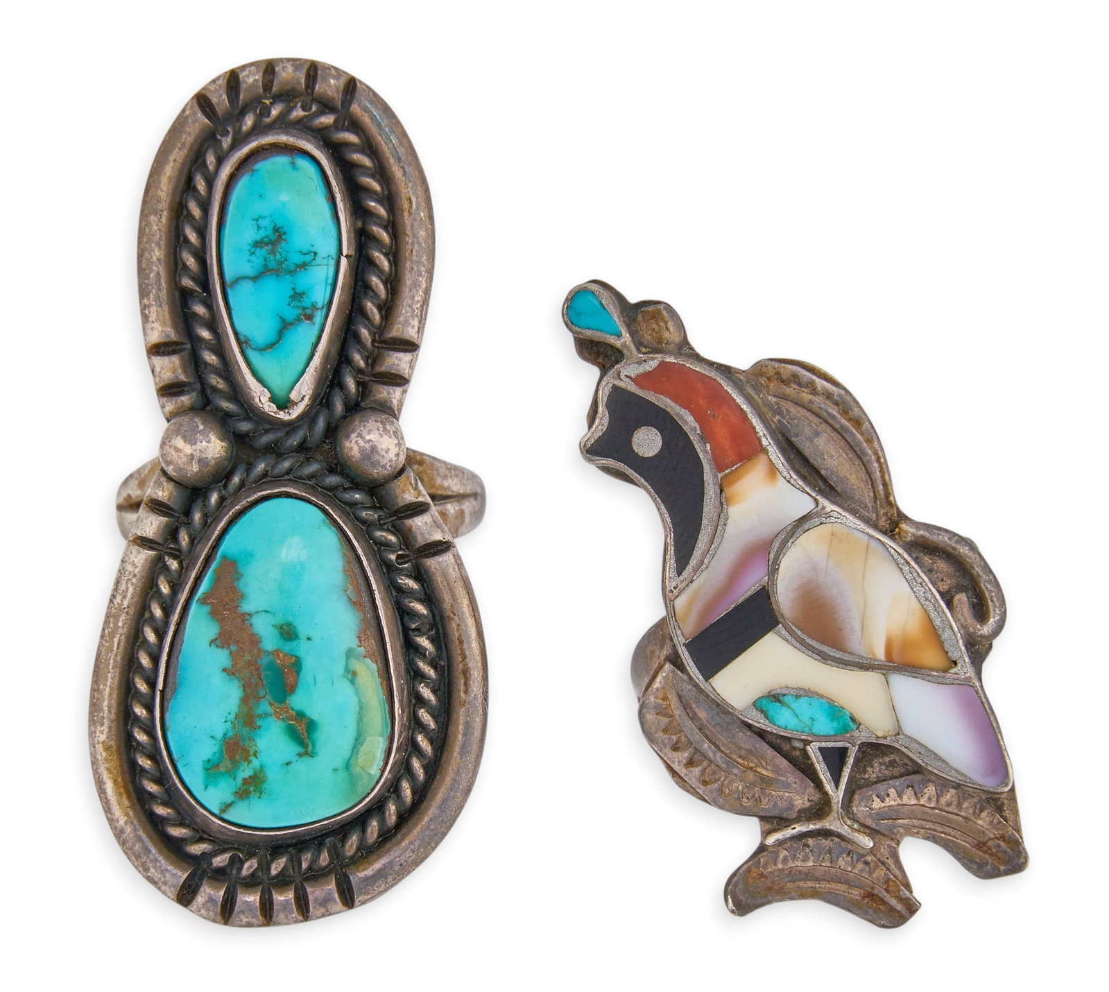 (2) Southwestern Sterling & Multi-Stone Rings: Two Southwestern rings, one set with turquoise cabochons in twisted wire style settings, the other set with multi-stone inlay in bird motif featuring turquoise, mother of pearl, onyx, and coral Size: 