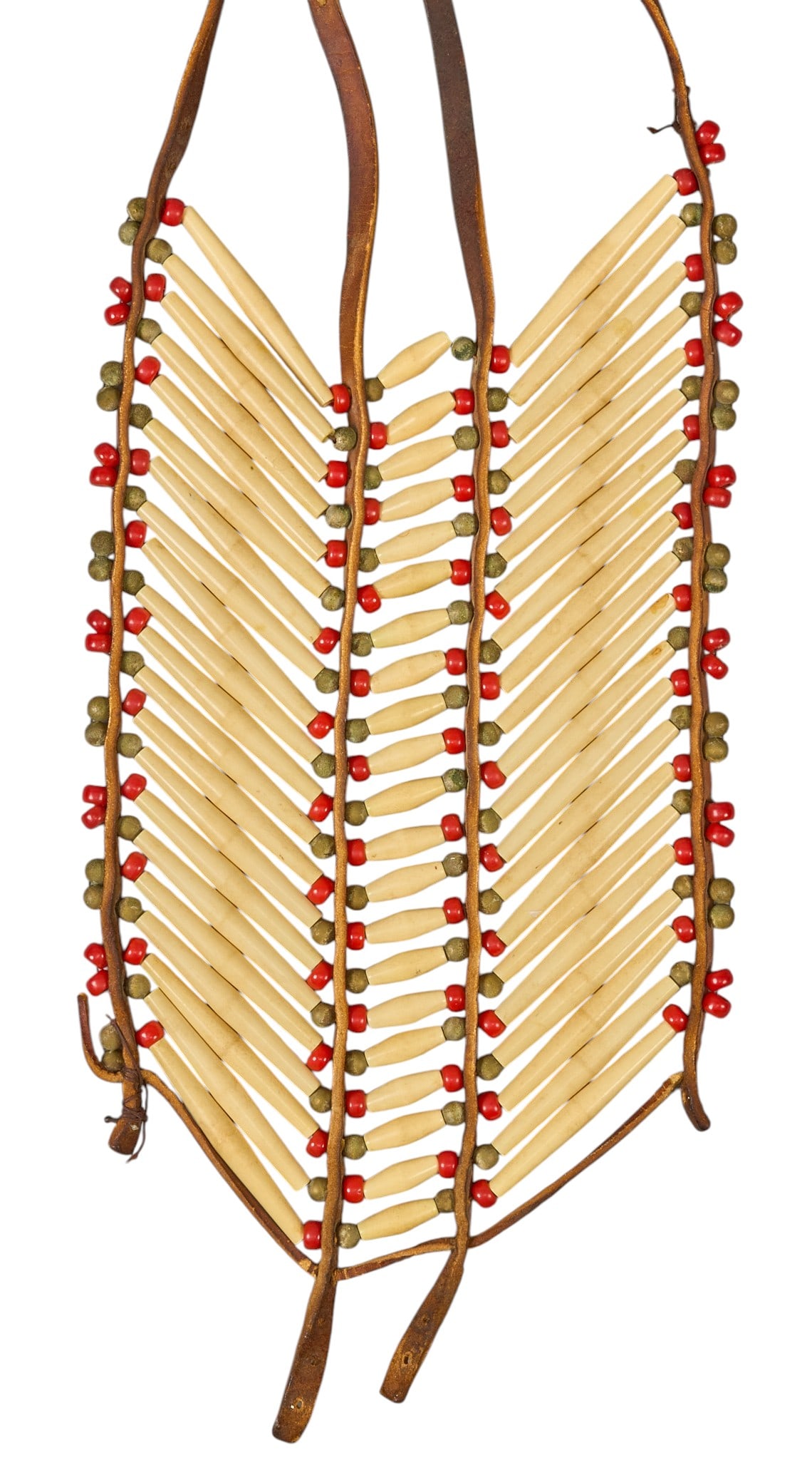 Native American Breastplate: Native American breastplate, with hairpipes and beads on leather length 32 in. x width 8 in. Provenance: Property from a Tucson, Arizona art and antiques collector