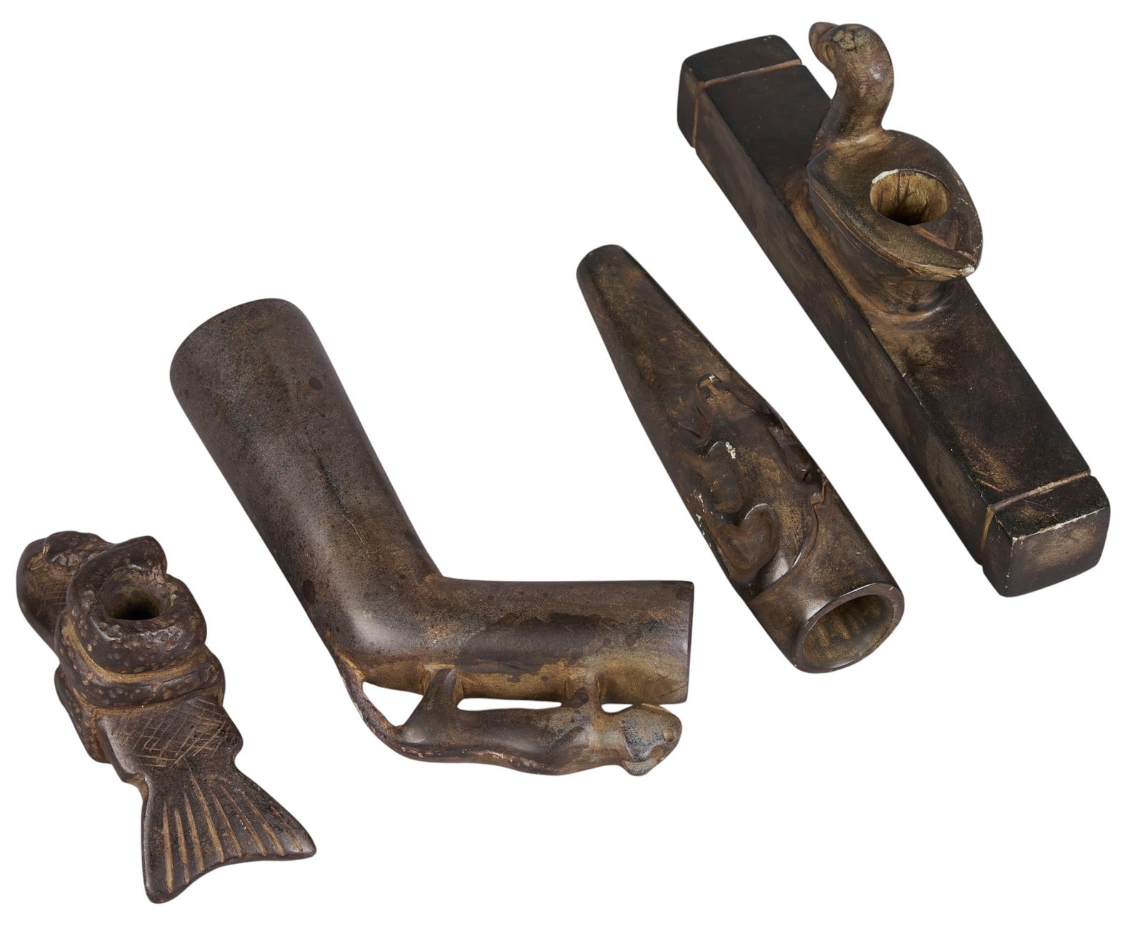Collection of (4) Native American Animal Pipes: Collection of four Native American animal pipes, made of hand-carved soapstone, includes duck, cougar, fish with snake, and lizard figurines height 3 in. x width 1.25 in. x depth 6.25 in. /