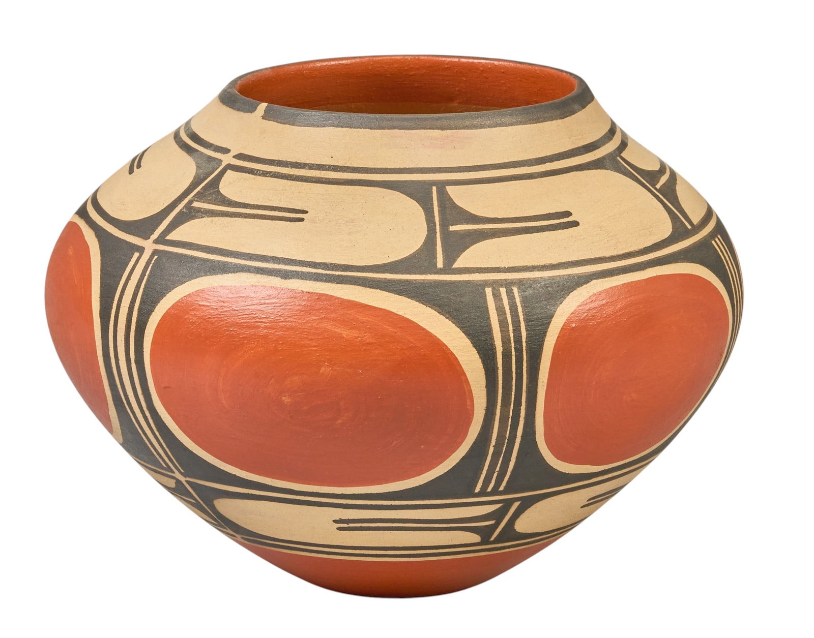 Southwestern Pottery Vase: Southwestern pottery vessel, with geometric motif design, signed on underside "Arthur & Hilda Coriz" height 8 in. x diameter 10 in. Provenance: Property from a home in San Anto