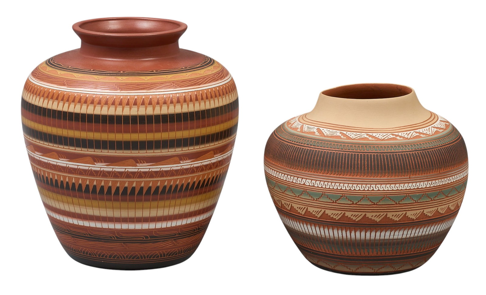 (2) Southwestern Pots: Two Southwestern ceramic pots with hand-applied decoration, one signed "Venita Whitegoat - Navajo" and the other signed "Navajo" height 9.5 in. x width 8.5 in. x depth 8.5 in.