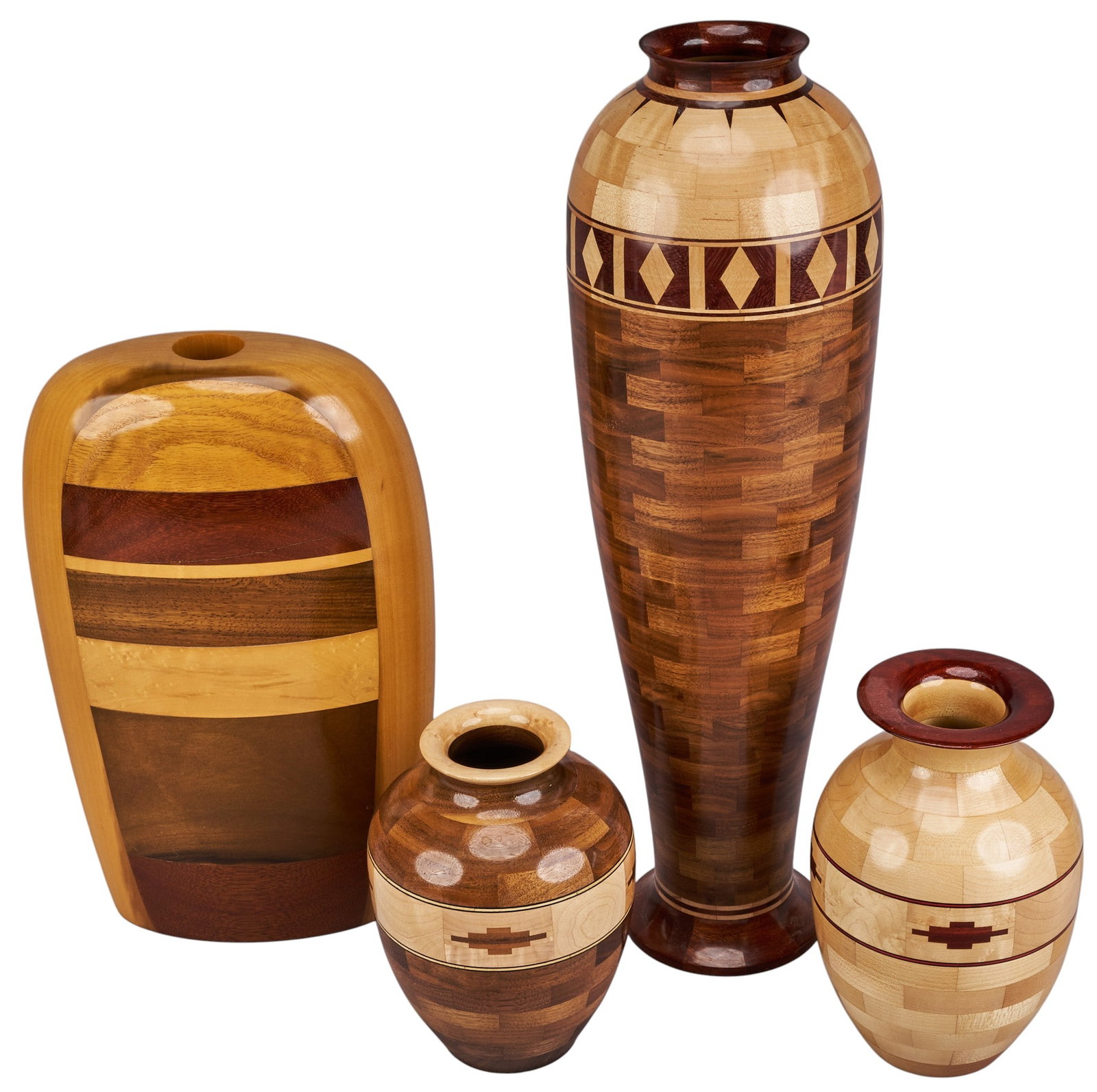 Collection of (4) Inlaid Signed Wooden Vases: Collection of four turned and inlaid signed wooden vases, signed "RW Frey", "Eddie James" height 22 in. x width 6.5 in. x depth 6.5 in. / largest Provenance: Property fr