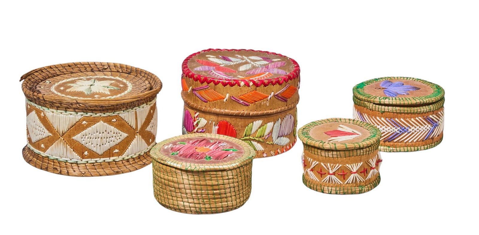 Collection of (5) Native American Porcupine Quill Boxes: Collection of five Native American quill boxes, of various sizes and floral motifs height 2.5 in. x diameter 4.75 in. / largest Provenance: Property from a home in San Antonio, Texas 