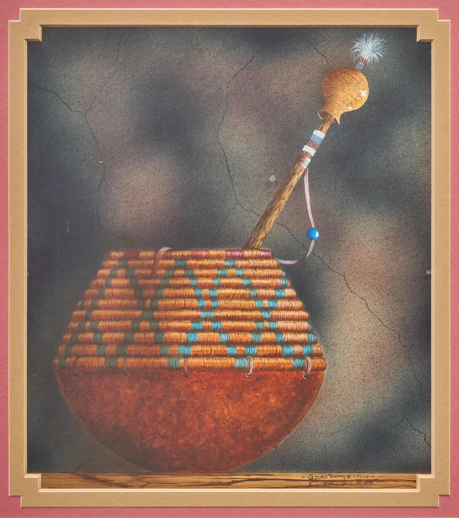 Randy Rankin, "The Gourd Rattle": Randy Rankin (Amer., b. 20th C.), "The Gourd Rattle", acrylic on paper or illustration board, signed and dated lower right, 1985 sight: 16 x 14 in., frame: 22.5 x 20.5 in. Provenance: