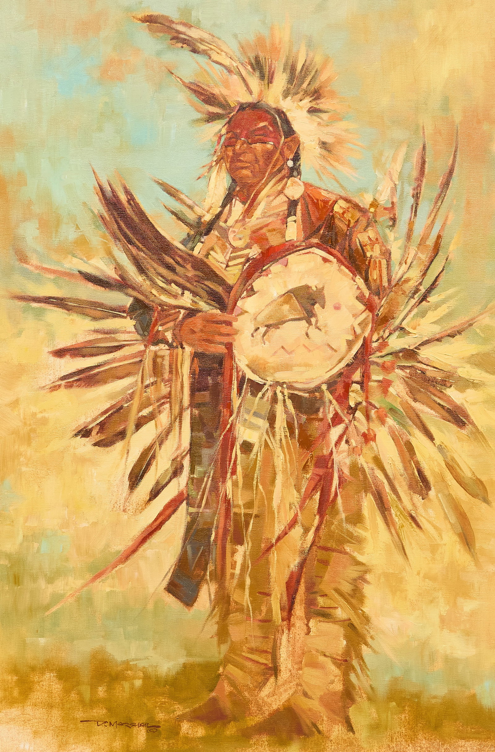 Doug Marshall, Native Chief: Doug Marshall (Missouri, 20th-21st C.), portrait of a Native Chief, oil on canvas, signed lower left sight: 36 x 24 in., frame: 45 x 33 in. Provenance: Property deaccessioned from a major corporate