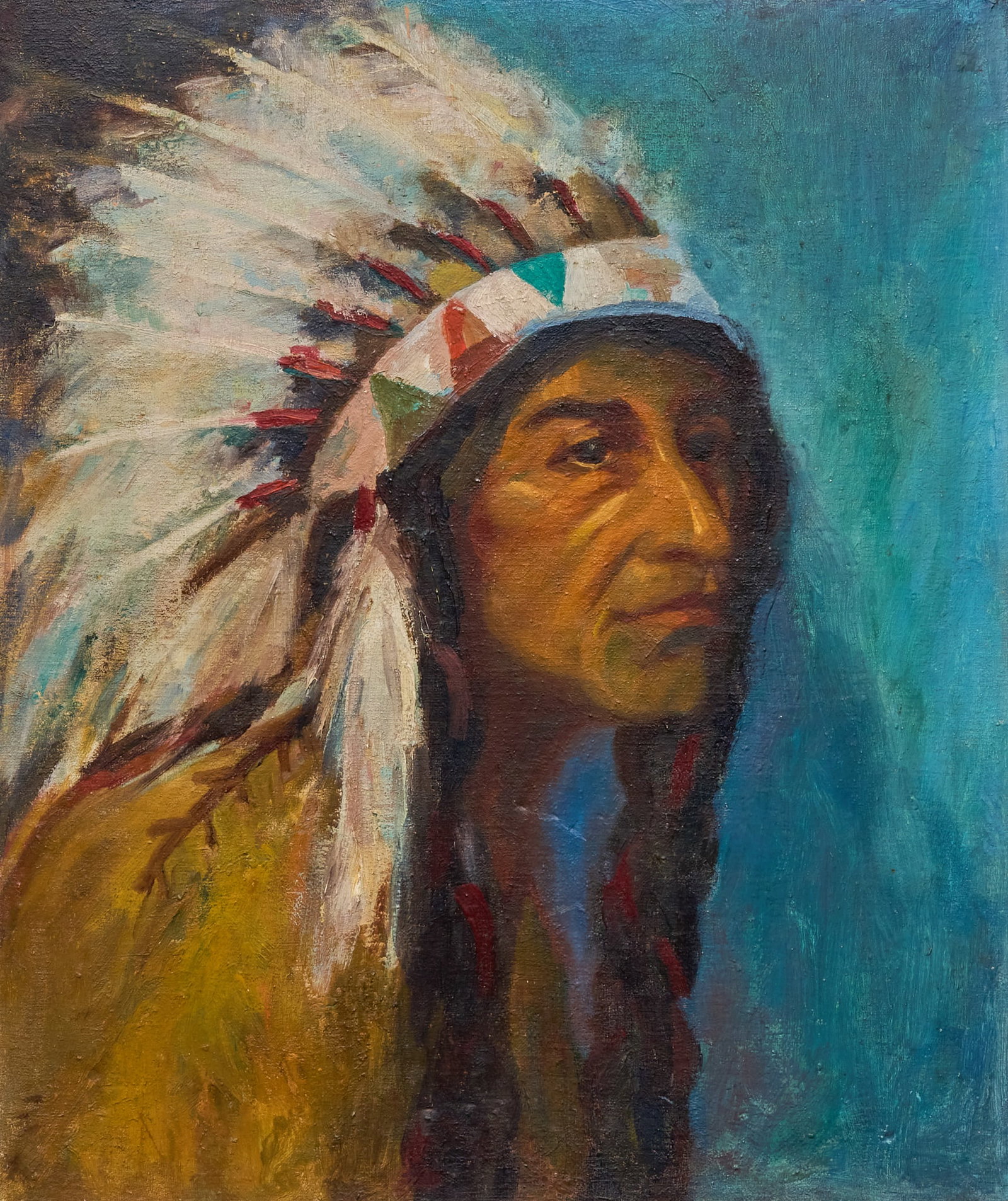 Lydian Jean Herman, Native American Portrait, 1931: Lydian Jean Roth Herman (California, 1898-1980), portrait of a Native American man, oil on canvas board, appears not signed, but retains California Artists exhibition label on the verso, from a 1931