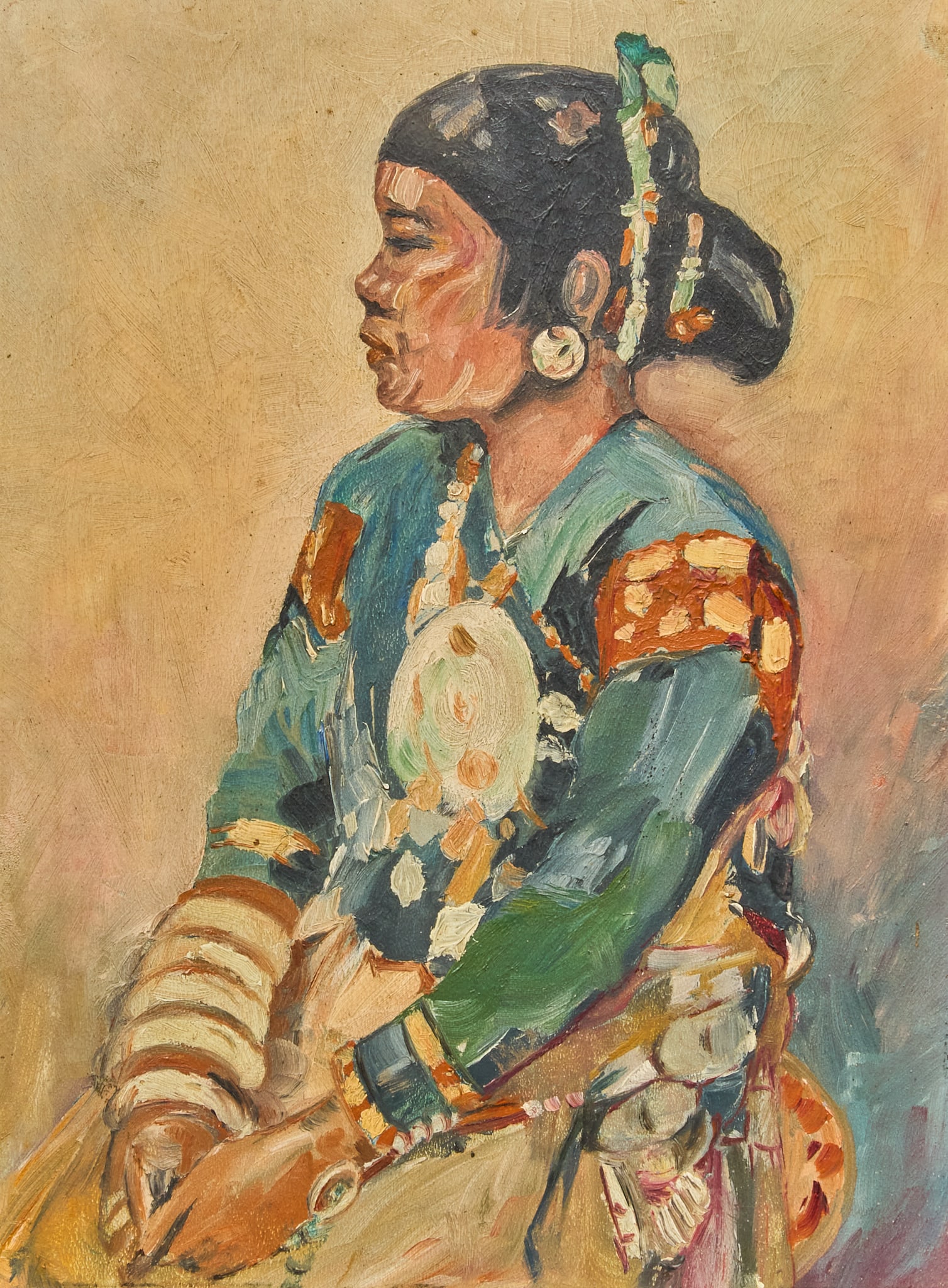 Navajo Portrait: Portrait of a young Navajo woman, oil on panel, in handcarved Southwestern frame, appears not signed, circa early to mid 20th century sight: 12 x 9 in., frame: 20 x 15.5 in. Provenance: Property from