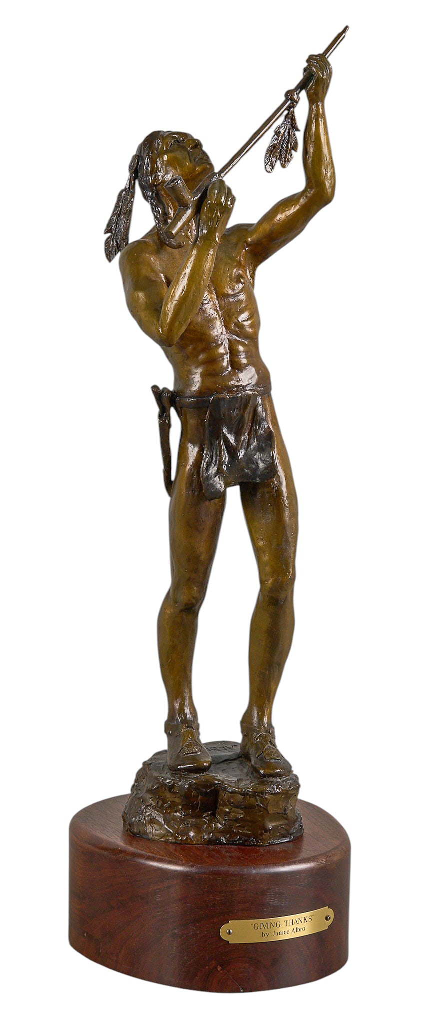 Janice Albro, "Giving Thanks": Janice Albro (Oklahoma, b. 1936), "Giving Thanks", artist-cast bronze sculpture on wooden base, with incised signature, edition number 8/80, and date, 2006 height 25.5 in. x width 7