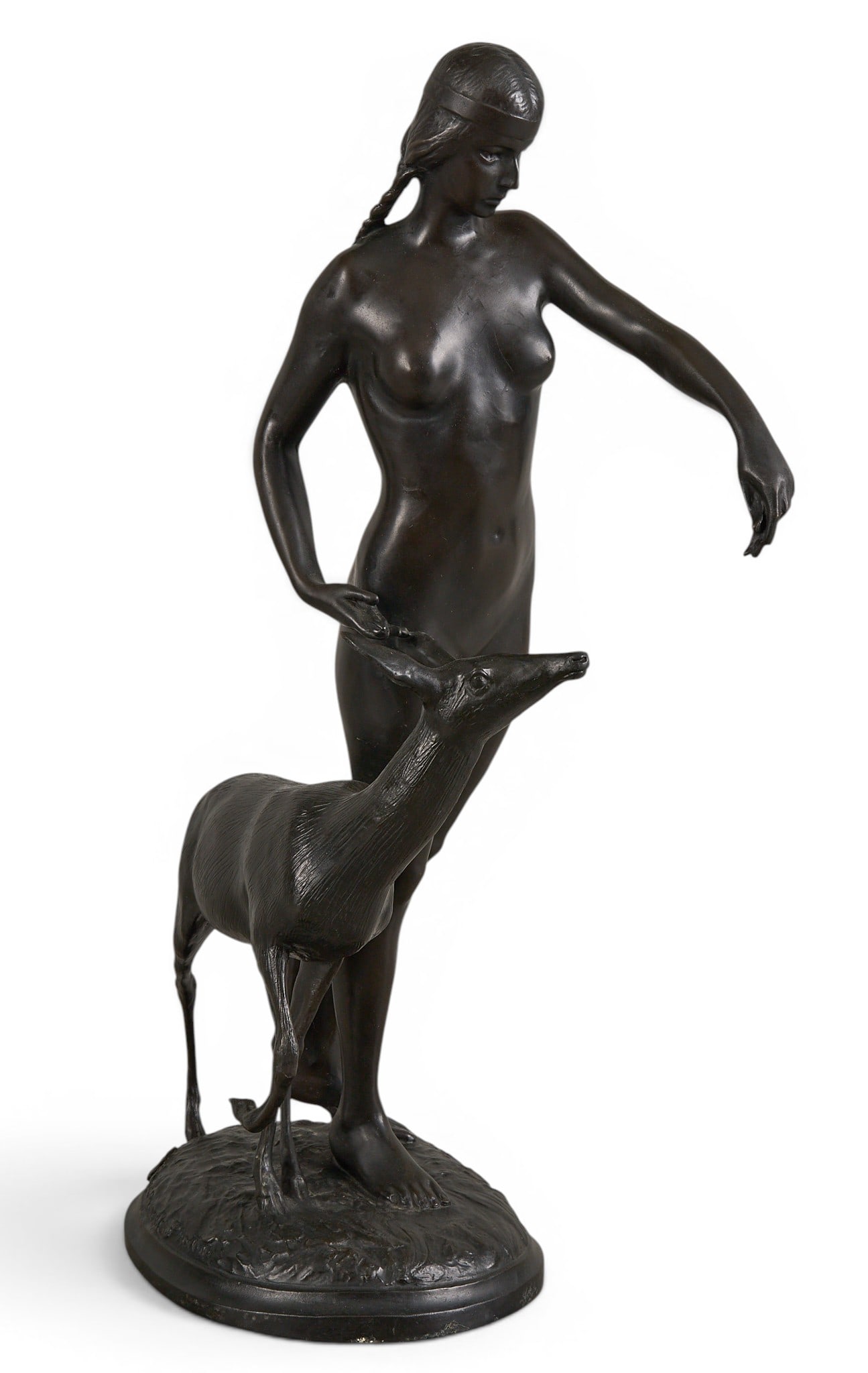 Alexander Proctor, "Indian Maiden with Fawn": After Alexander Phimister Proctor (New York / California, 1862-1950), "Indian Maiden with Fawn", bronze sculpture on continuous bronze base, posthumous casting done by the artist's