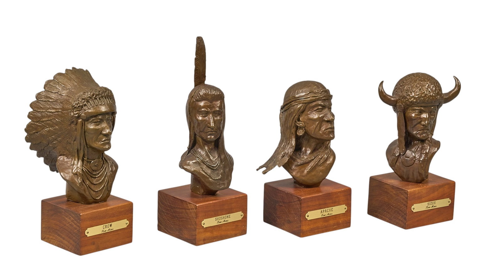 Tom Moss, (4) Bronze Busts: Tom Moss (Texas, b. 1936), bronze Native American busts representing different tribes, to include "Crow", "Shoshone", "Apache", and "Sioux", each one