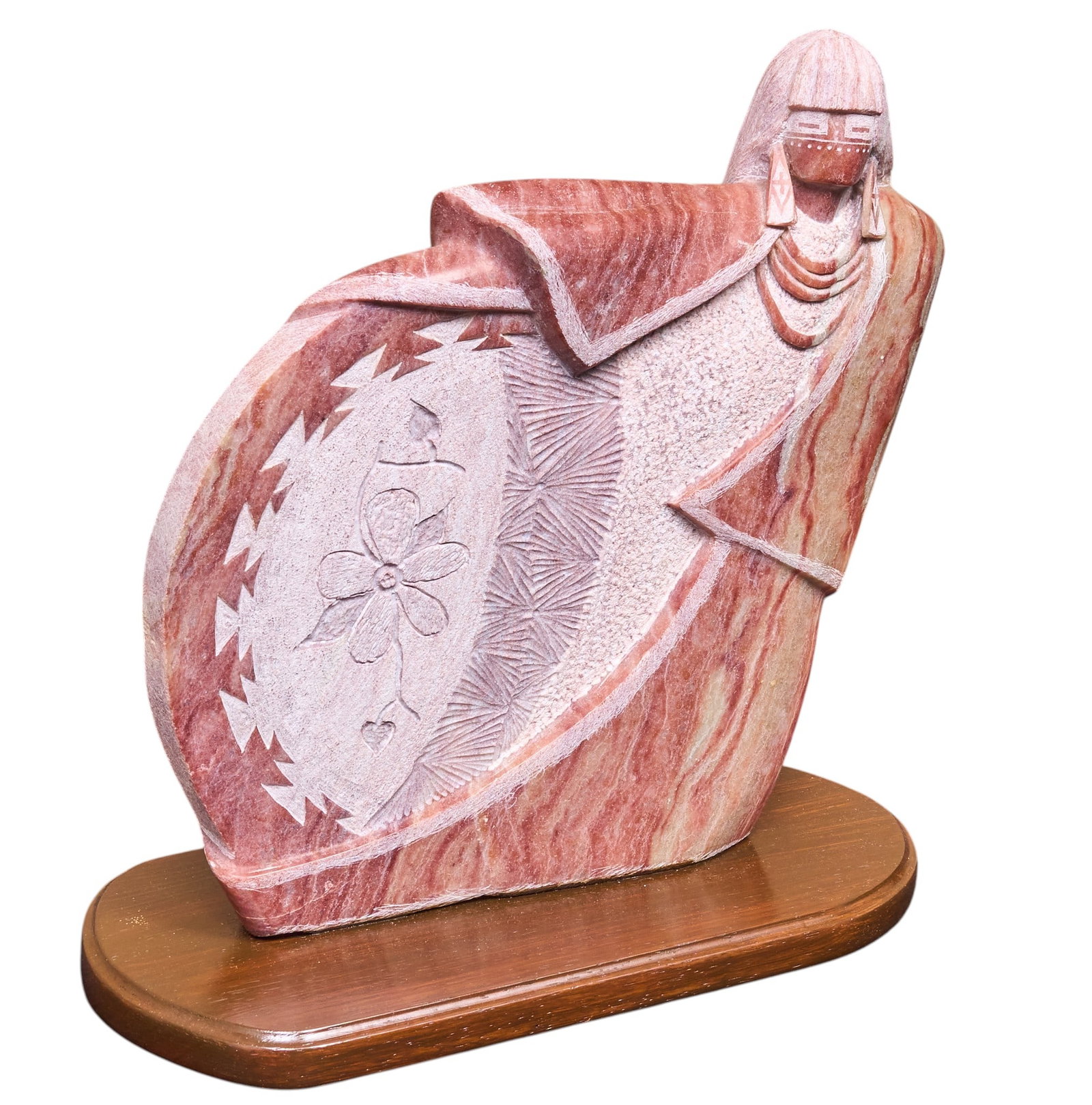 Randall Beyale, Alabaster Sculpture: Randall Beyale (Amer., b. 20th C.), hand carved alabaster sculpture atop wood base, incised signature height 13 in. x width 12.5 in. x depth 6 in. (including base) Provenance: Property from a Boerne,