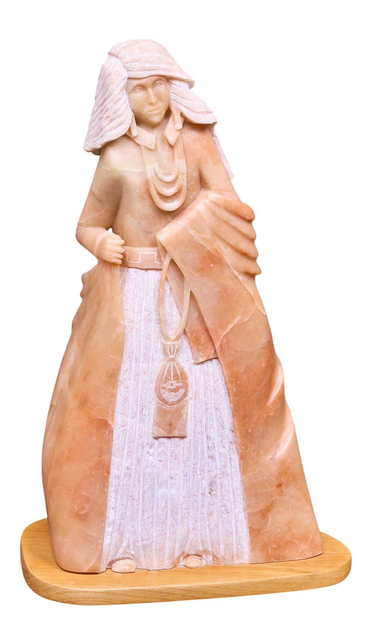 Leslie Pablo. Alabaster Sculpture: Leslie Pablo (Amer., b. 1964), hand-carved red alabaster sculpture atop wooden base, incised signature height 23 in. x width 15 in. x depth 8 in. (including base) Provenance: Property from a Boerne,