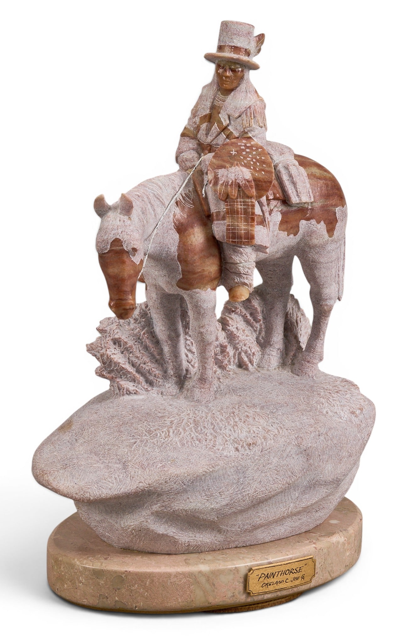 Oreland Joe, "Paint Horse": Oreland C. Joe, Sr. ( Navajo Reservation, New Mexico, b. 1958) "Paint Horse", hand carved alabaster sculpture atop wooden base height 15 in. x width 10 in. x depth 5 in. (including