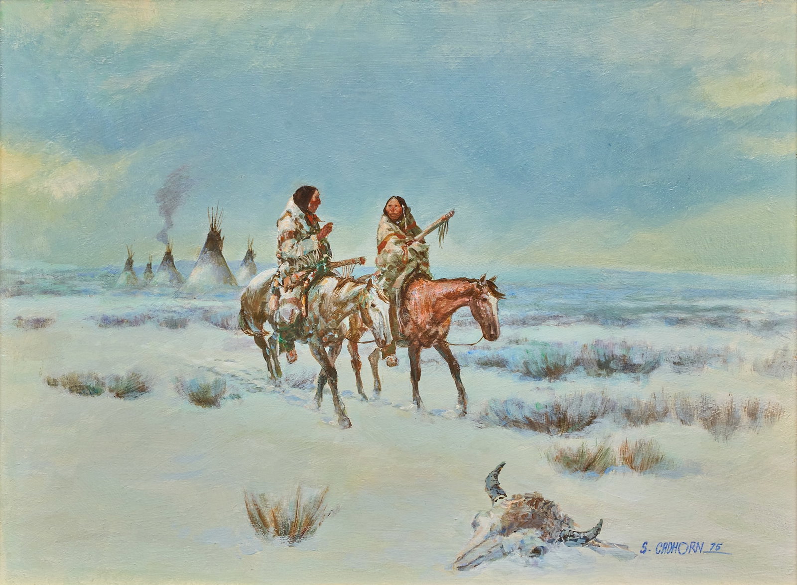 Shep Chadhorn, Riders in the Snow: Shep Chadhorn (Colorado, b. 20th C.), riders in the snow with tipi encampment in distance, oil on panel, signed and dated lower right, 1975 sight: 12 x 16 in., frame: 17 x 21 in. Provenance: Property