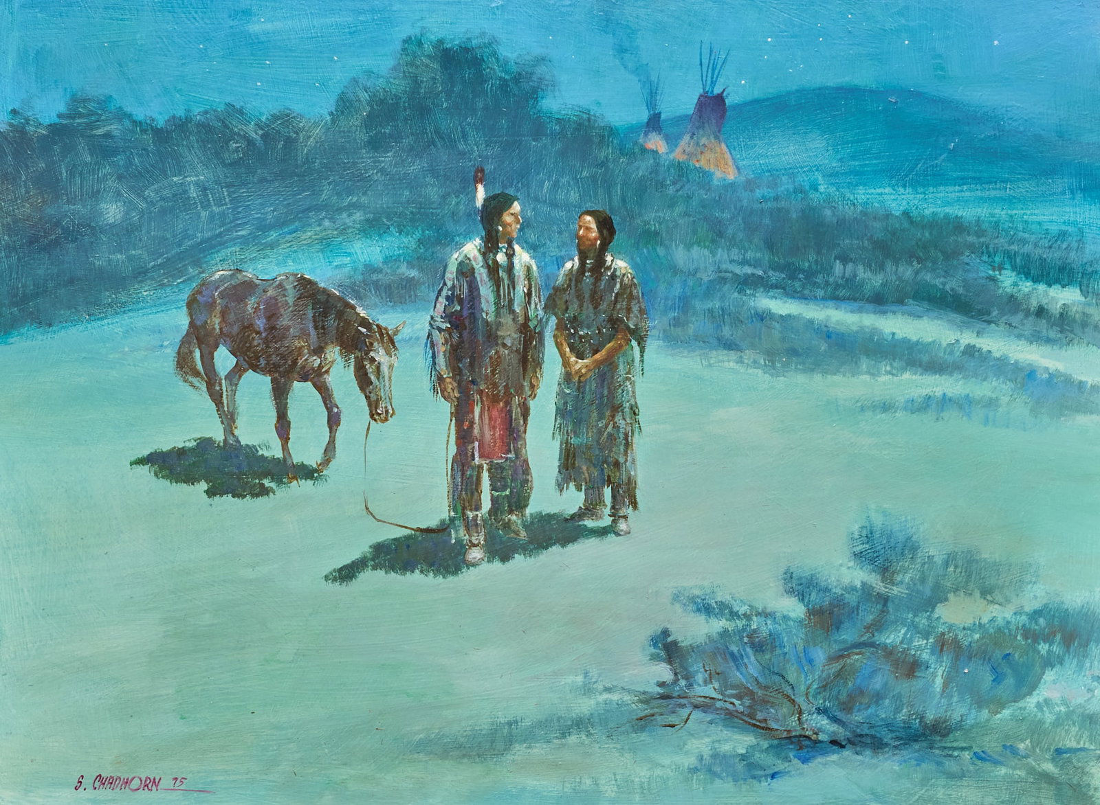 Shep Chadhorn, Nocturne Scene: Shep Chadhorn (Colorado, b. 20th C.), two lovers meeting by moonlight, oil on panel, signed and dated lower left, 1975 sight: 12 x 16 in., frame: 22 x 26 in. Provenance: Property from a home in