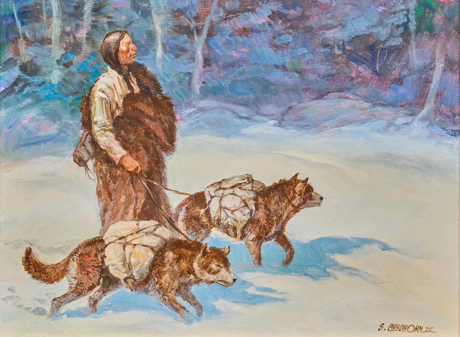 Shep Chadhorn, Man and Huskies: Shep Chadhorn (Colorado, b. 20th C.), man with two working pack dogs, oil on panel, signed and dated lower right, 1975 sight: 12 x 16 in., frame: 17.5 x 21 in. Provenance: Property from a home in