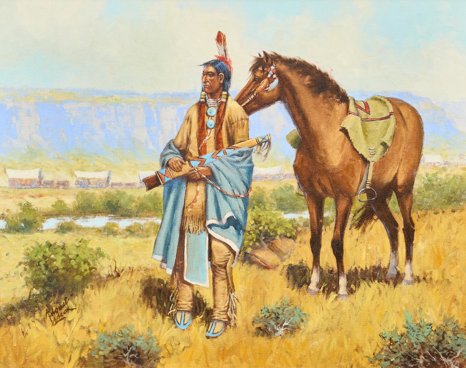 August Lenox, "Immigrants' Wagons": August Curley Lenox (Texas / California, 1908-1986), "Immigrants' Wagons", oil on canvas, alternative title on the verso reading "Free Indians' Nemesis", signed