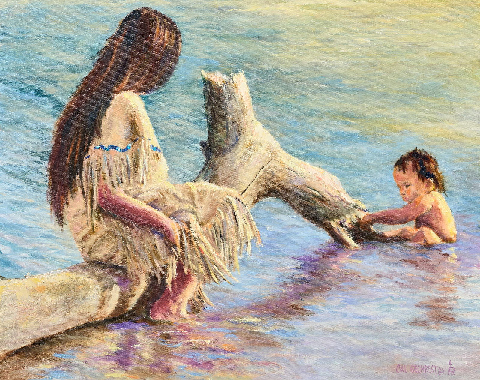 Cal Sechrest, "Bathing in the Cheyenne": Cal Sechrest (Oklahoma, b. 20th C.), "Bathing in the Cheyenne", oil on canvas, signed lower right sight: 16 x 20 in., frame: 27.25 x 31.25 in. Provenance: Property deaccessioned from a