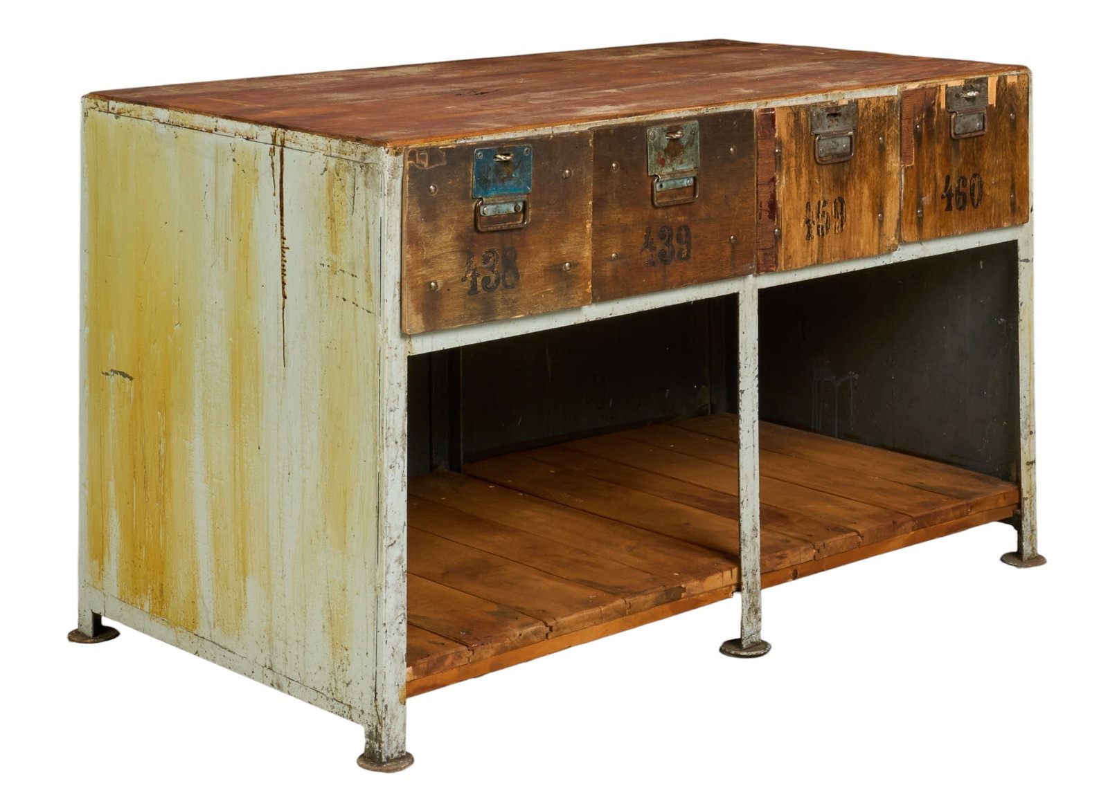 Industrial Shop Counter: Industrial shop counter with distressed metal frame, wooden top, and four drawers height 55.5 in. x width 33.5 in. x depth 31 in.