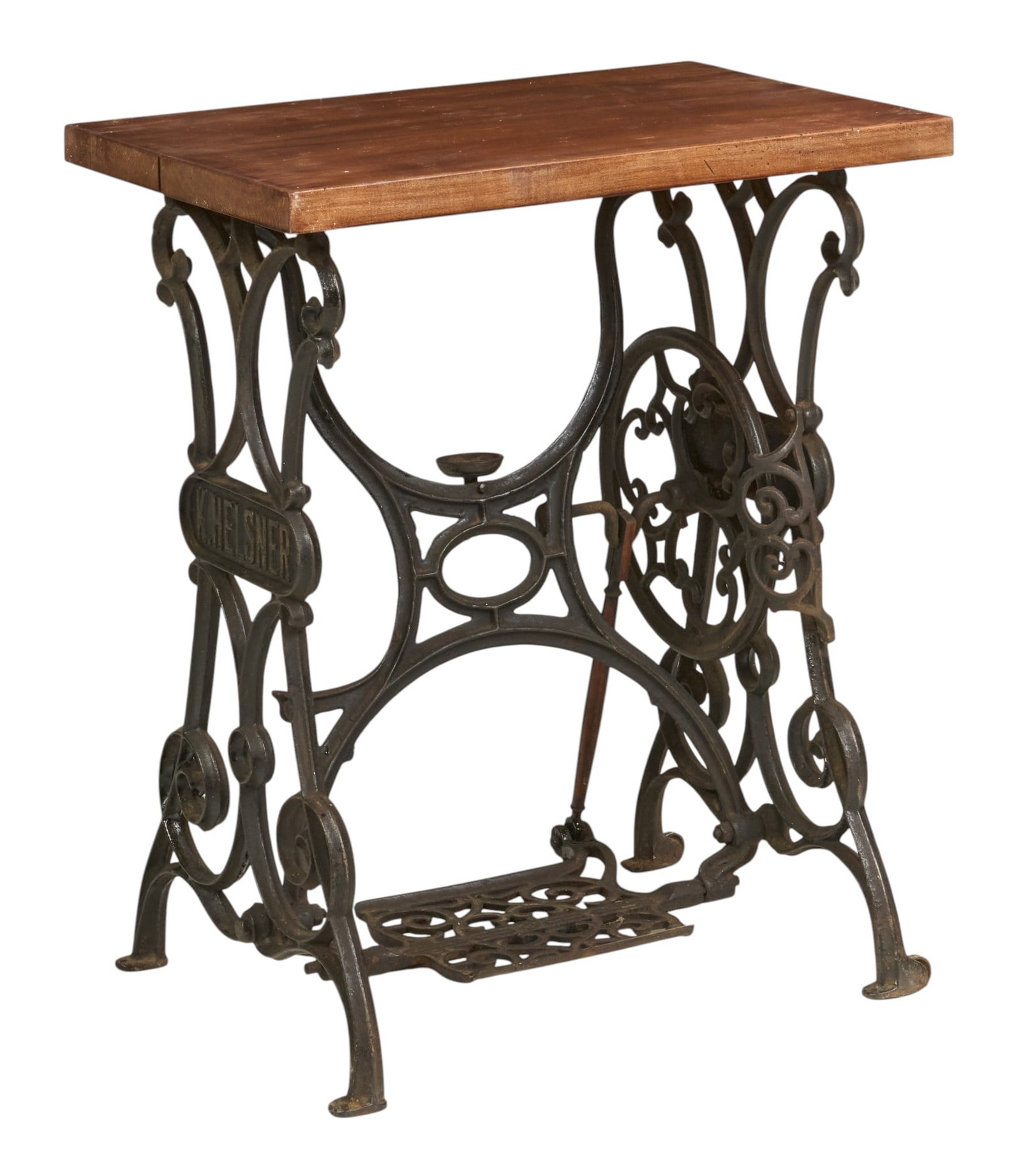 K. Helsner Sewing Table: K. Helsner Sewing Table with wooden top supported on scrolled iron base height 29.25 in. x width 25 in. x depth 17 in. 