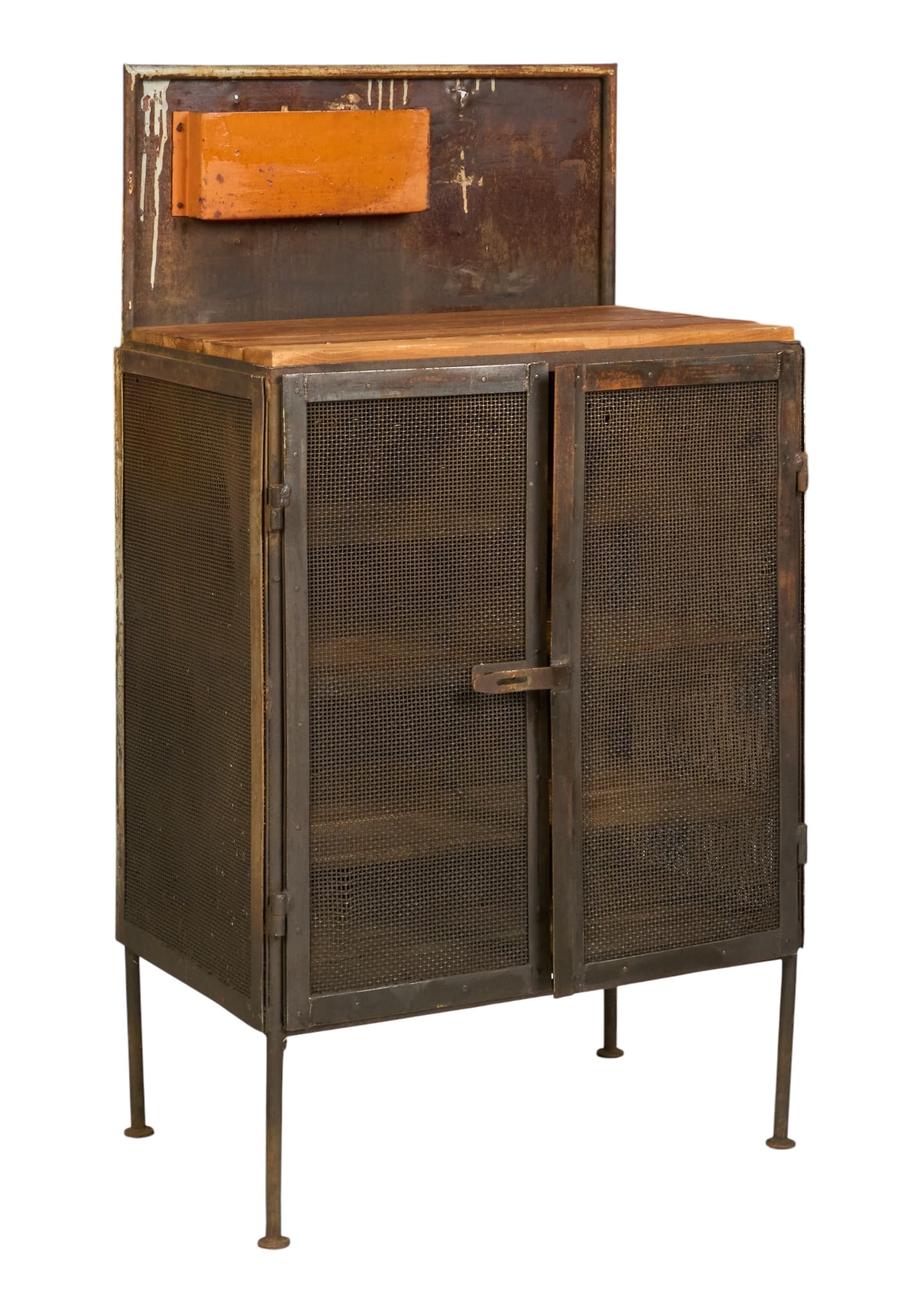 Industrial Cabinet: Rustic metal industrial cabient with mesh grate doors with interior shelving, and wood plank counter top, supported on metal pin legs height 58.5 in. x width 31 in. x depth 21 in. 