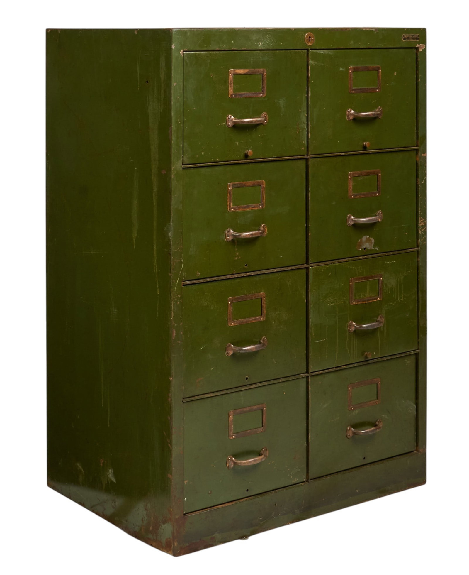 Industrial Filing Cabinet: Distressed industial filing cabinet with eight drawers height 55.5 in. x width 35.5 in. x depth 27.5 in. 