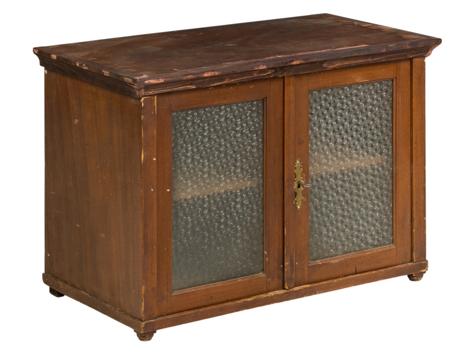 Small Rustic Cabinet: Small rustic cabinet with textured glass doors opening to shelved interior height 71.5 in. x width 41 in. x depth 20.5 in. 